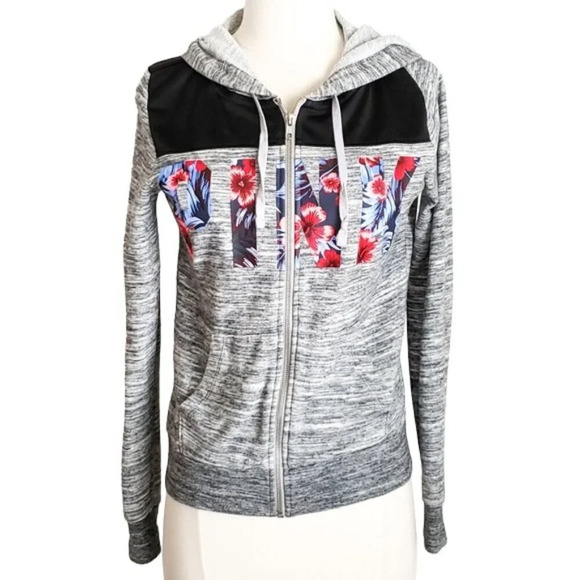 PINK Victoria's Secret Floral Gray Full Zip Hoodie Sweatshirt - Picture 1 of 8